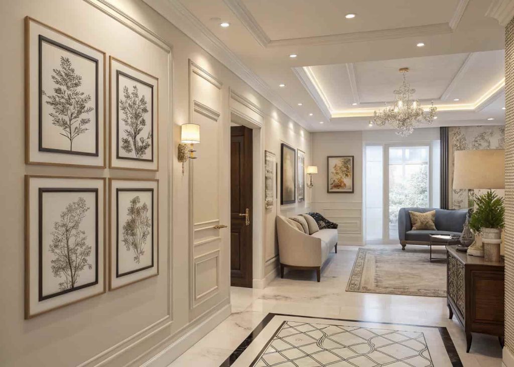 Elegant wall decor in home entrance, framed art, neutral tones, modern and stylish interior design