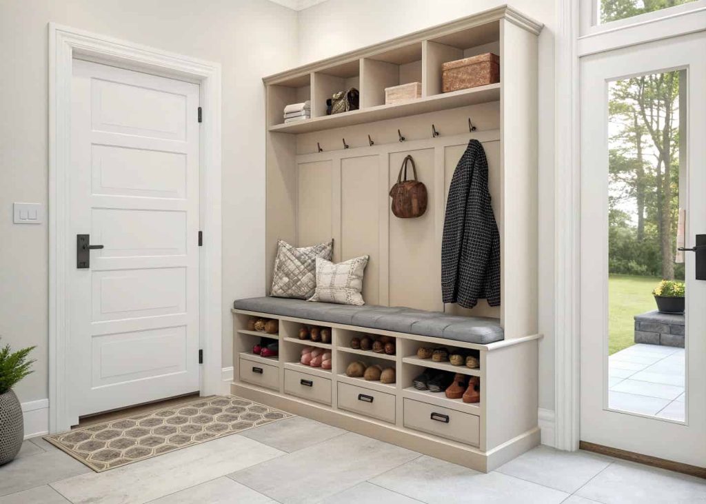 Modern shoe storage bench in home entrance decor, clean and organized entryway, neutral colors