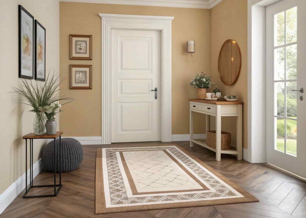Cozy rug and welcome mat in home entrance decor, warm neutral tones, stylish modern entryway