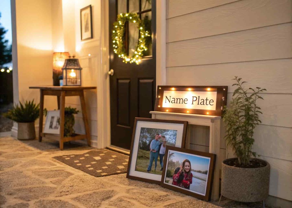 Personalized home entrance decor with photo frames and nameplate, warm and welcoming interior