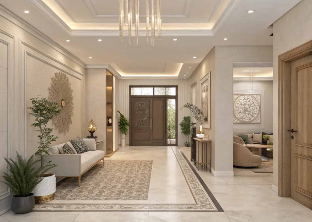 Neutral color palette home entrance decor, elegant modern interior, soft tones and balanced design