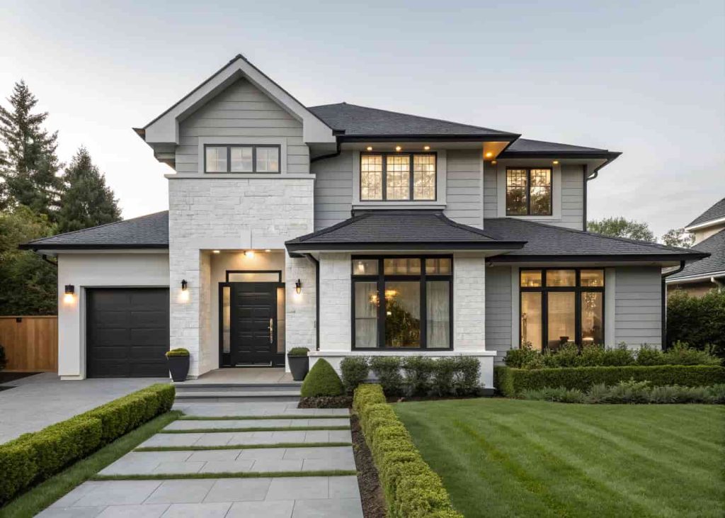 Modern home exterior with fresh gray walls, dark accent front door, clean lines,