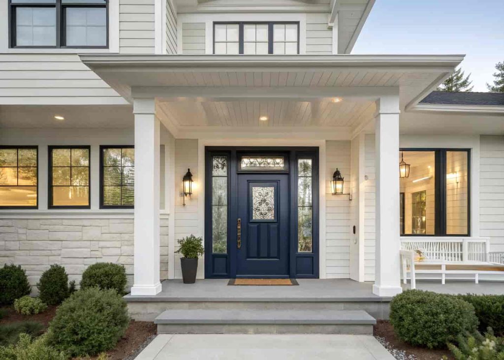Modern house with bold navy blue front door, decorative glass panels, welcoming entrance,