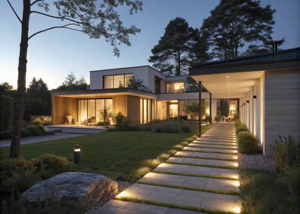 Modern home exterior at dusk with warm outdoor lighting, illuminated pathway, soft shadows