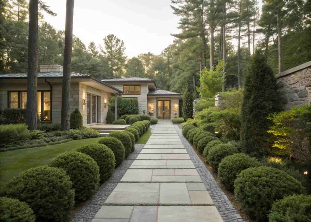 Stone pathway leading to a modern home entrance, surrounded by greenery, clean design