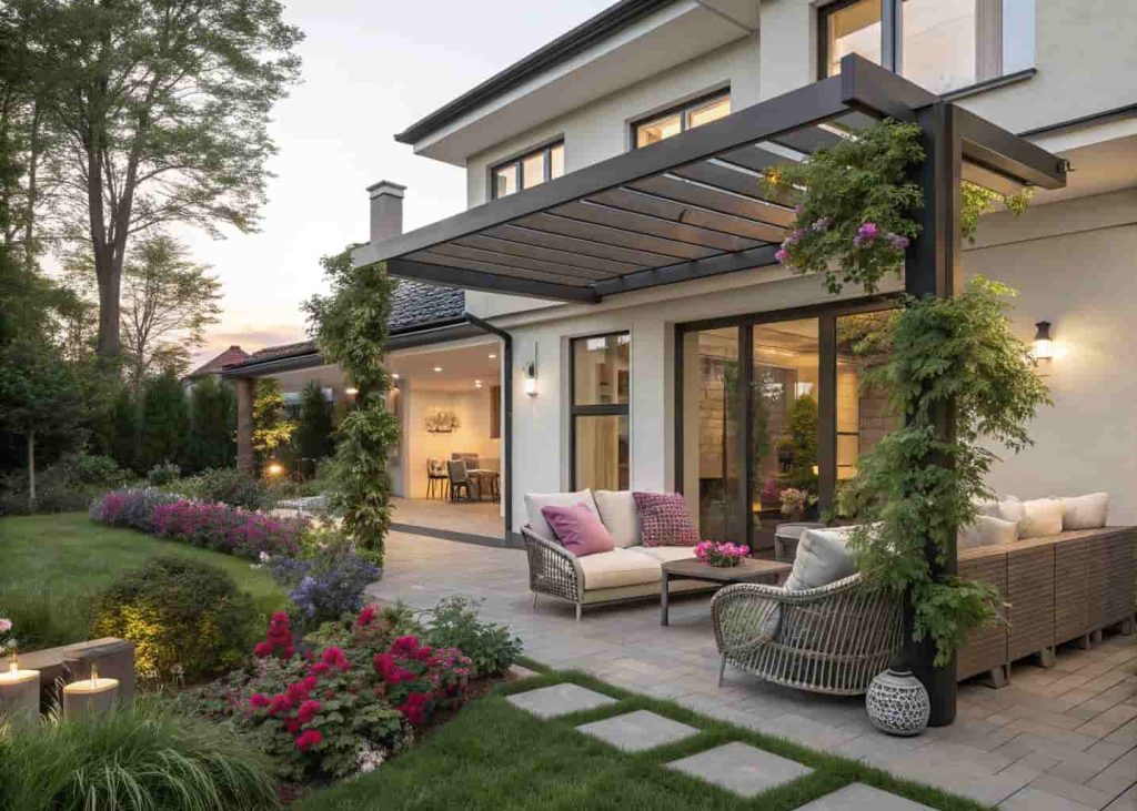 Modern home exterior with cozy outdoor seating, cushions, pergola, plants