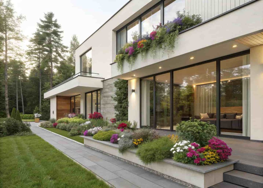 Modern home exterior with window boxes, colorful flowers, greenery, clean architecture