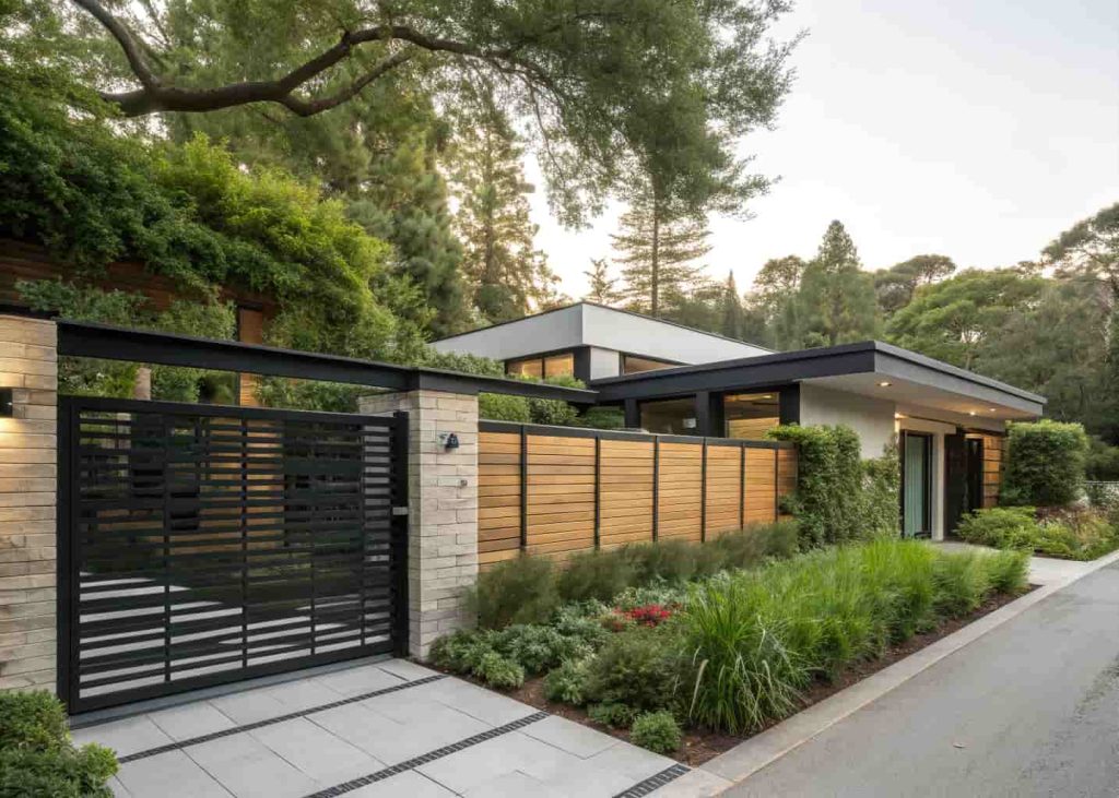 Modern home exterior with black metal gate, wooden horizontal fence, greenery