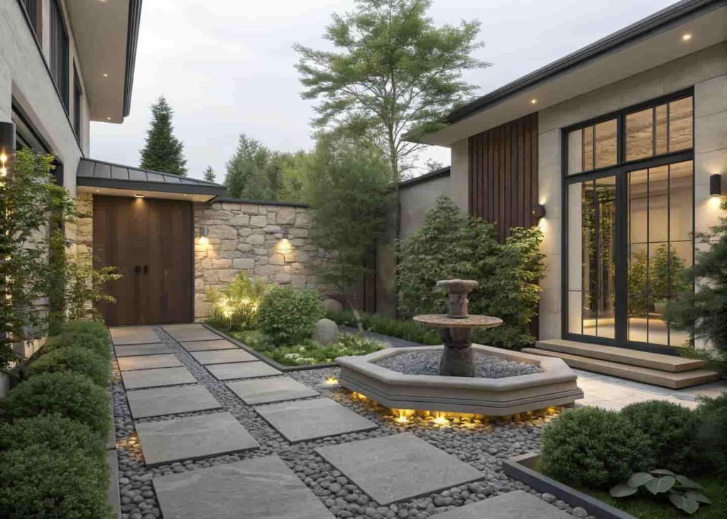 Modern exterior with small fountain, stone landscaping, lush greenery