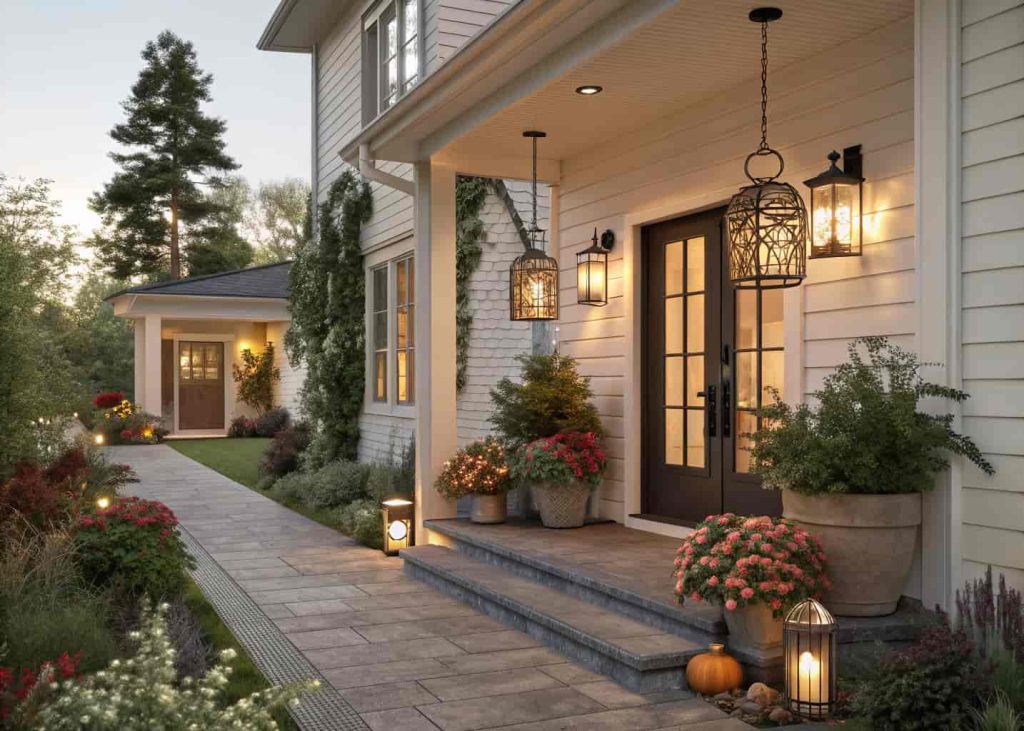 Modern home exterior with seasonal decorations, lanterns, plants, cozy entrance
