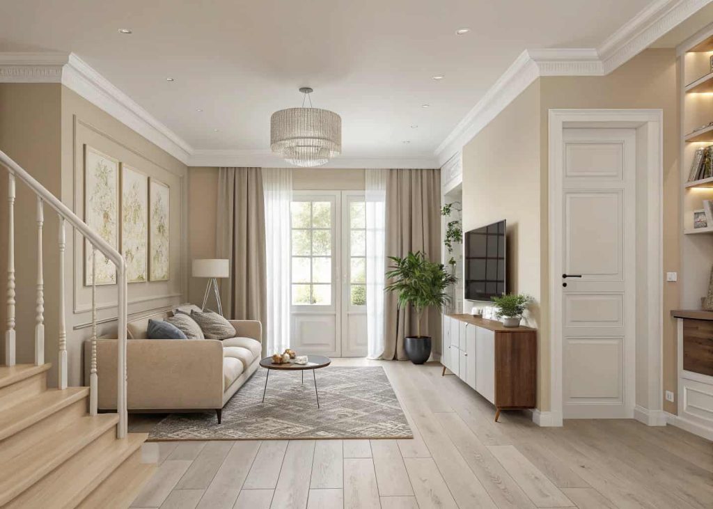 A neutral home interior with beige walls, light wood flooring, soft furnishings, natural light, modern minimalist decor
