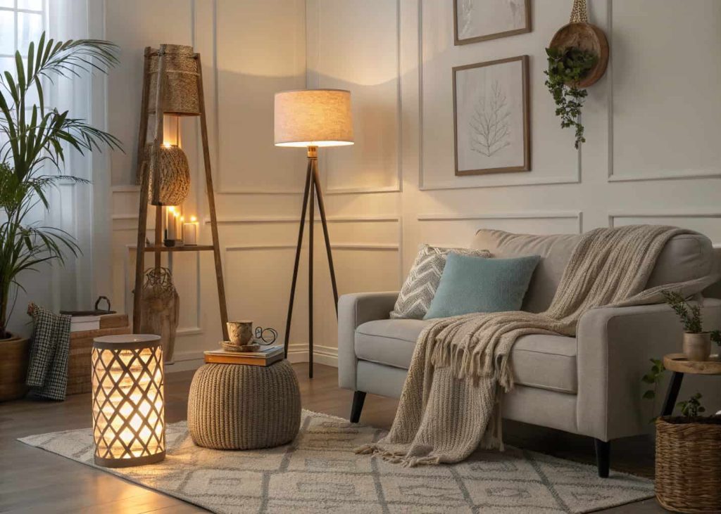 A cozy living room with layered lighting, floor lamps, warm LED lights, soft shadows, modern home interior