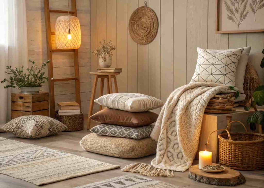 A textured home interior with layered fabrics, rugs, cushions, wooden accents, soft lighting, cozy