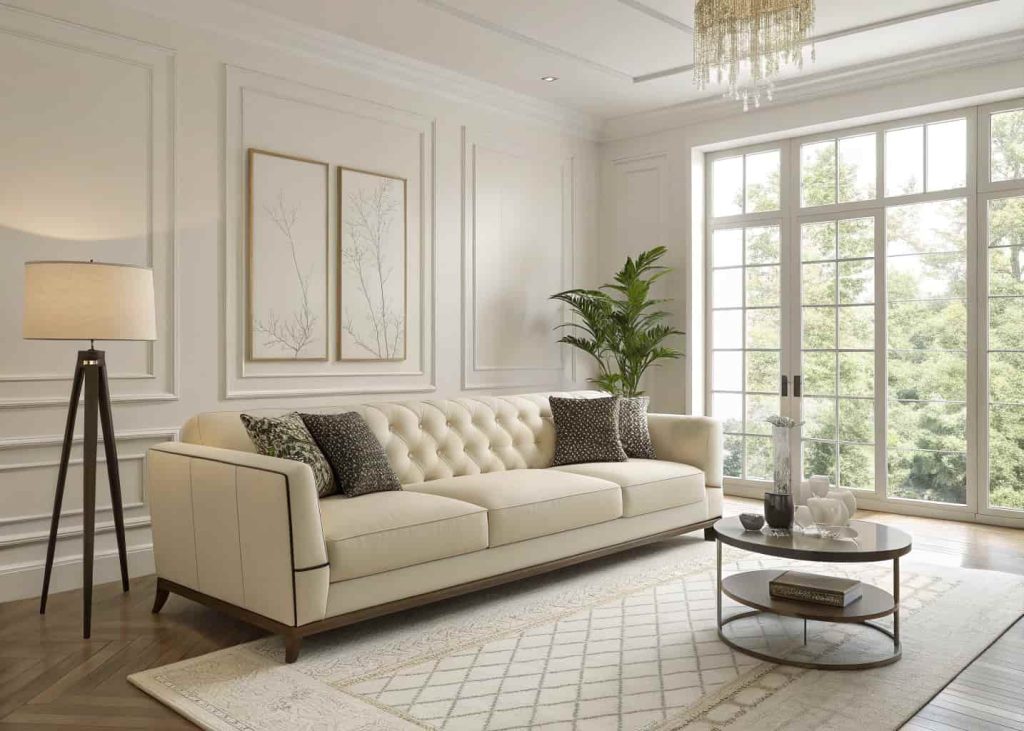 A modern living room with a statement sofa, minimal decor, clean layout, natural light