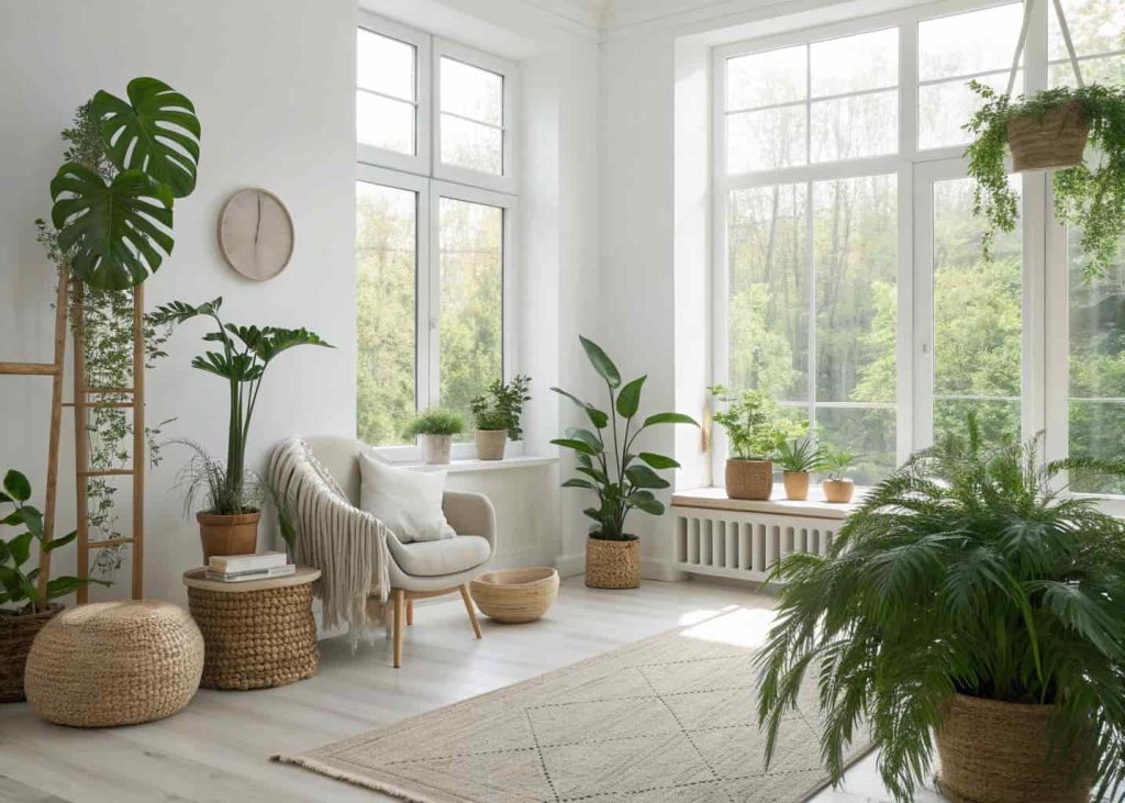 A modern home interior with indoor plants, natural light, neutral decor, fresh and calming atmosphere