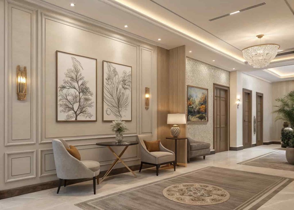 A modern interior with stylish wall art, neutral walls, elegant decor, soft lighting