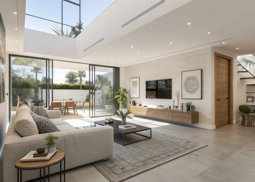 An open-plan home interior with smart furniture layout, airy space, natural light, modern