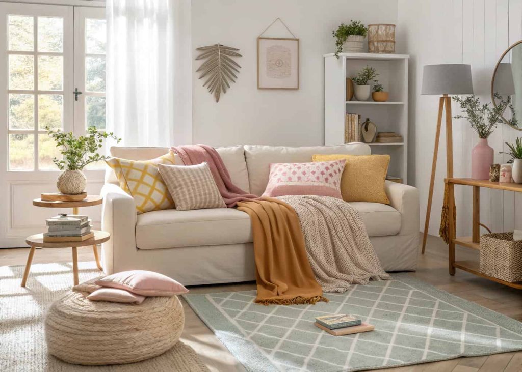 A cozy living room with layered cushions, soft throws, neutral and pastel tones, warm natural light, modern