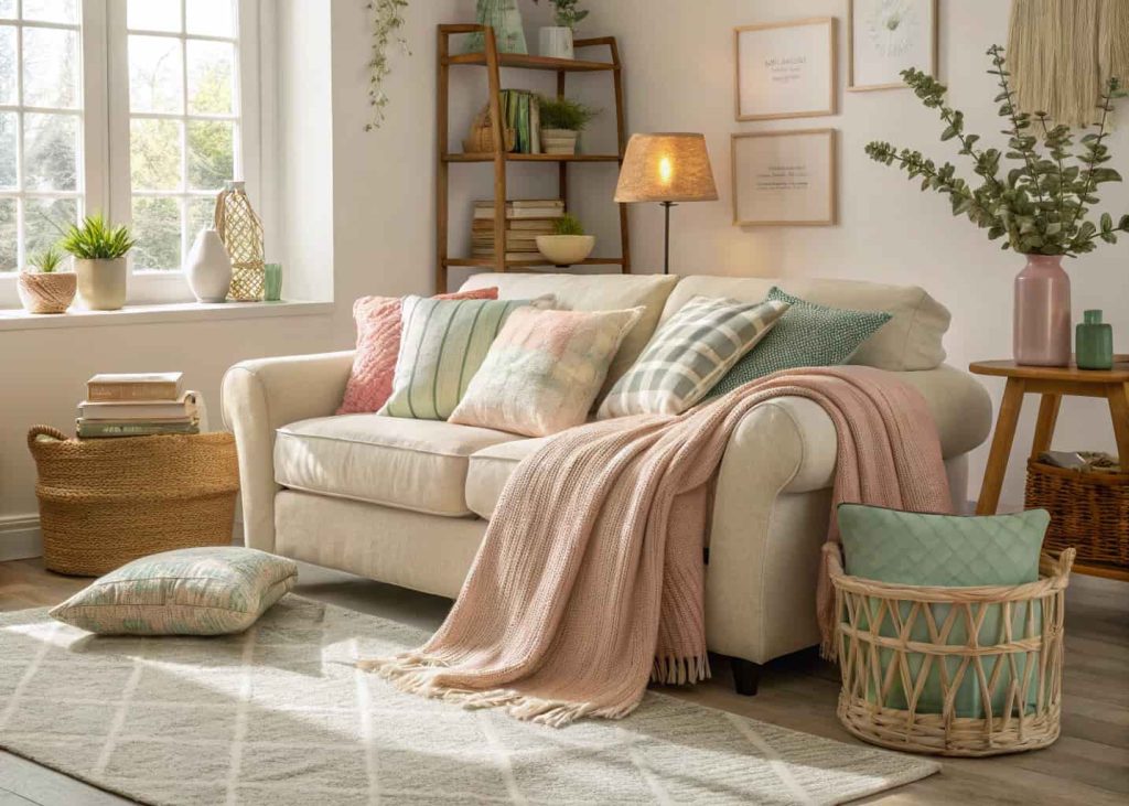 Modern home interior with large decorative mirrors, neutral palette, natural light reflection, minimalist furniture