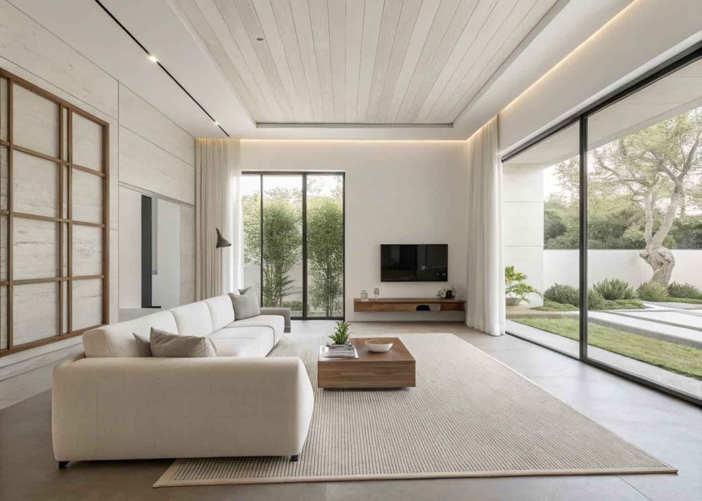 A minimalist modern living room with clean lines, neutral walls, simple furniture, airy space