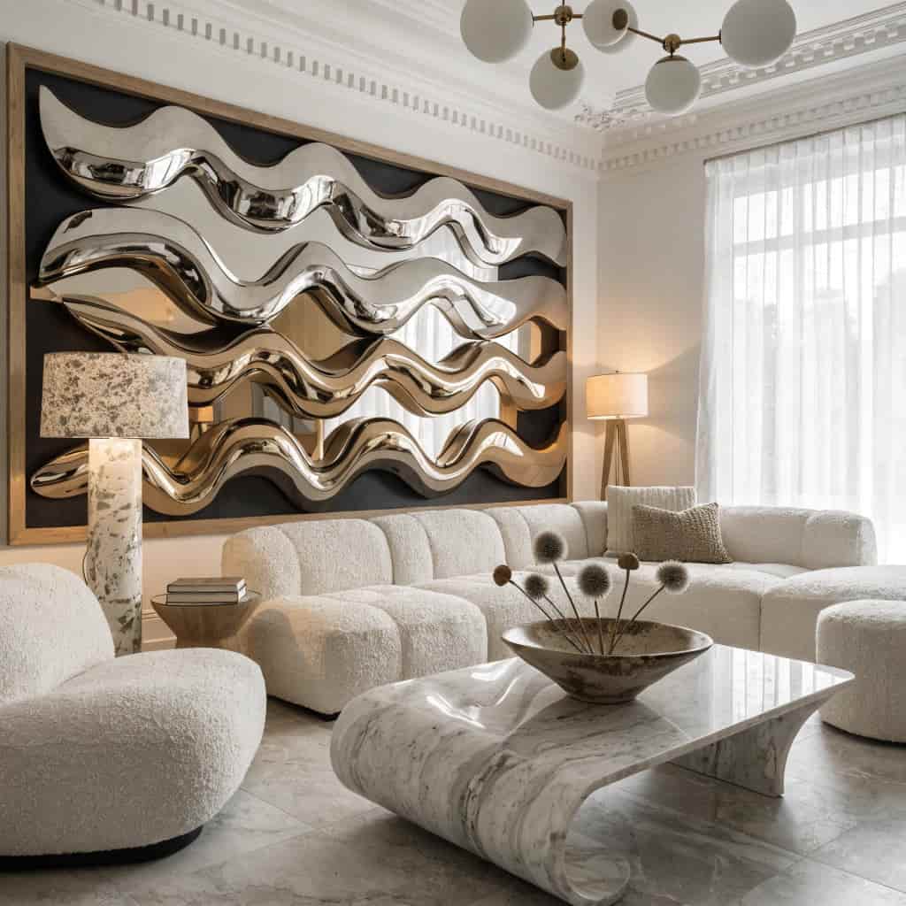 Modern living room with a statement accent wall, neutral furniture, stylish lighting