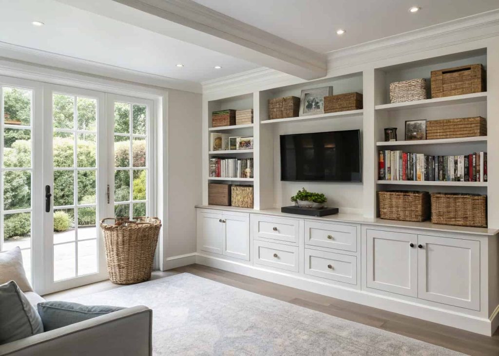A modern living room with built-in shelves, stylish storage baskets, clean layout, natural lighting