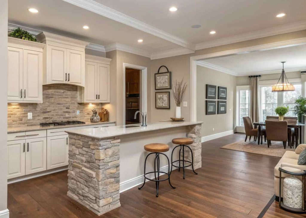 A modern interior with wooden flooring, stone countertops, metal accents, neutral decor