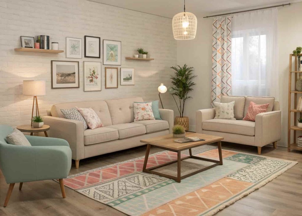 A cozy living room with layered rugs, neutral and pastel tones, modern furniture