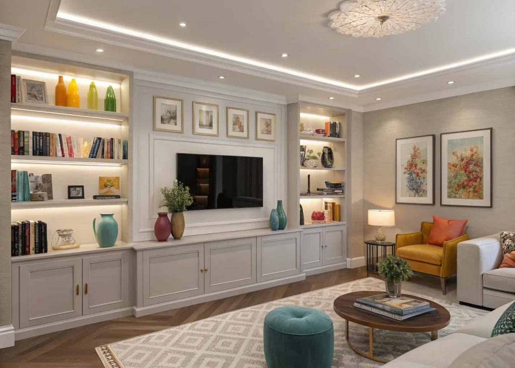 A stylish modern living room with personalized decor, books, vases, family photos, cozy and elegant atmosphere