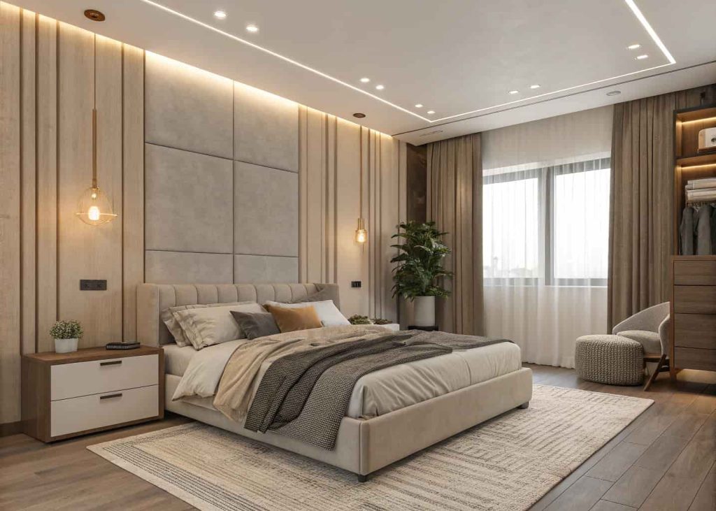 Modern aesthetic bedroom with neutral tones, soft bedding, warm LED lights, cozy textures, minimalist furniture, calming mood