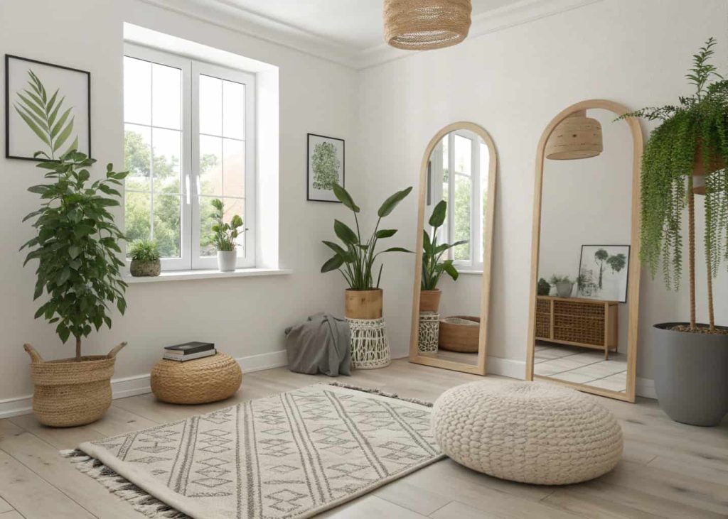 Small aesthetic room with light neutral colors, mirrors, indoor plants, minimal furniture, natural light, cozy modern decor