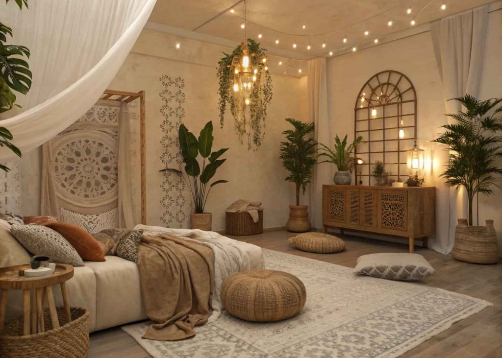 Luxury boho aesthetic room with neutral tones, textured fabrics, indoor plants, warm ambient lighting, artistic decor, cozy yet elegant mood