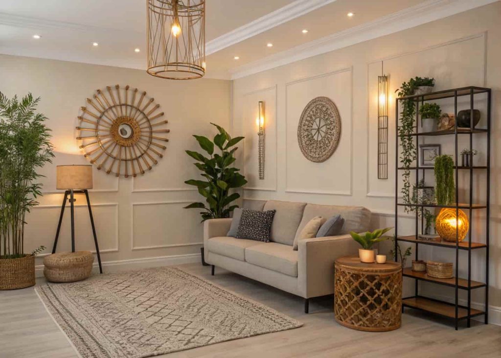 Aesthetic room with stylish wall decor, warm lighting, LED accents, indoor plants, neutral palette, modern cozy interior