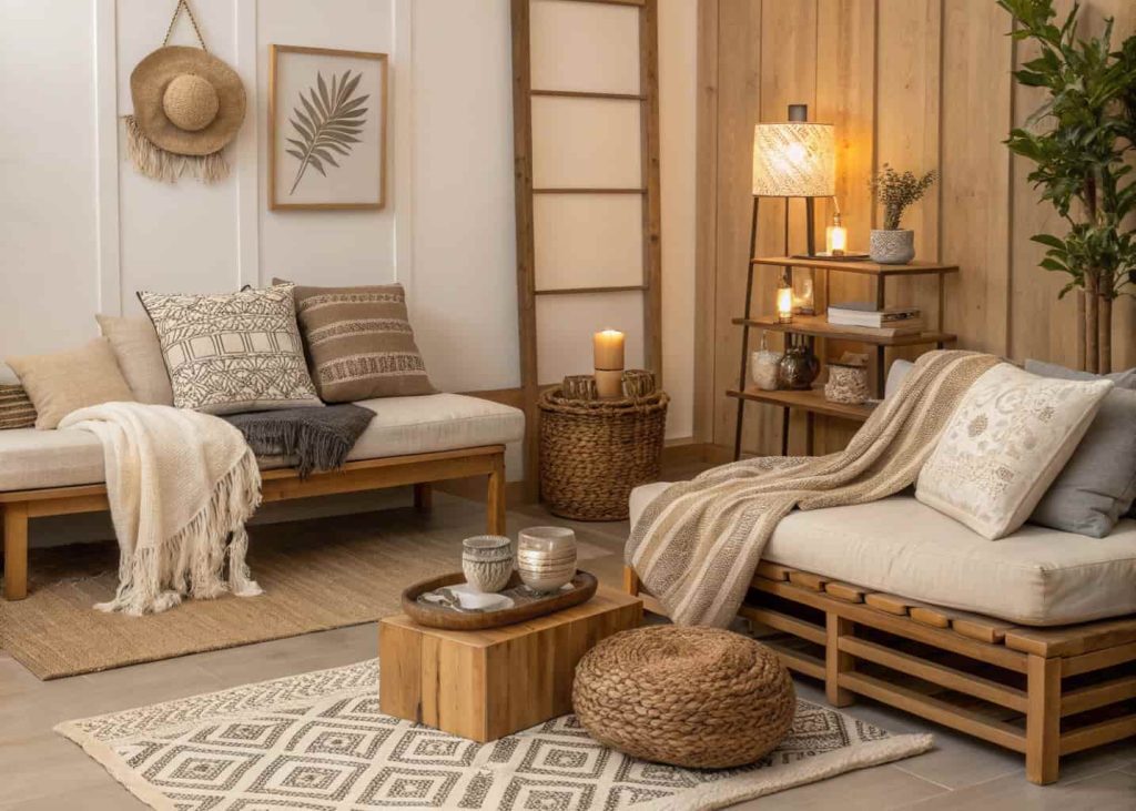 Home aesthetic room featuring modern wooden furniture, neutral colors, layered textures with cushions and throws, warm ambient lighting, minimalist cozy style