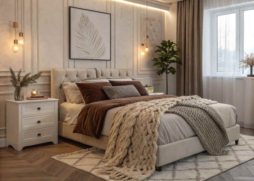 Cozy aesthetic bedroom with layered neutral bedding, knitted throw, velvet pillows, warm ambient lighting, soft textures
