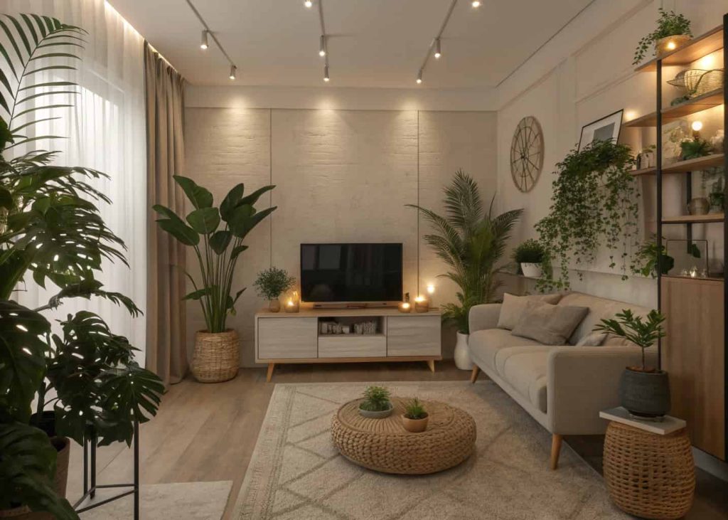 Home aesthetic room with indoor plants, neutral color palette, modern furniture, cozy ambient lighting, layered textures