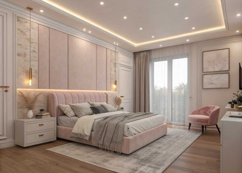 Minimalist aesthetic bedroom with soft pastel tones, neutral furniture, cozy textures, warm LED lighting, simple yet elegant decor