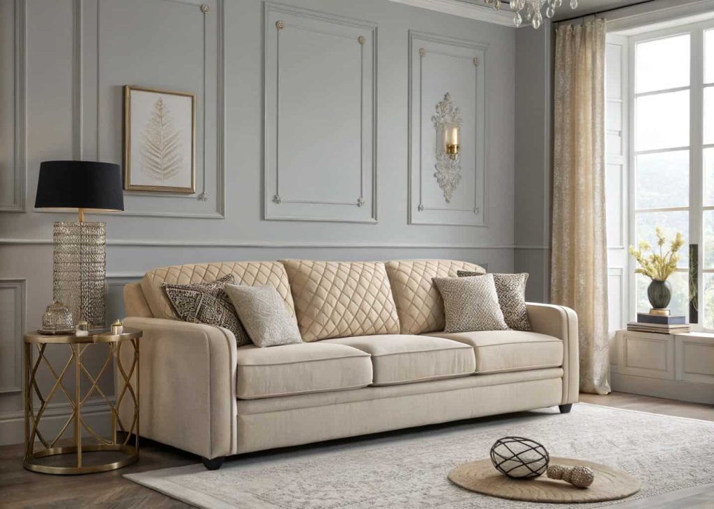 Neutral luxury living room interior with beige sofa, textured cushions, soft gray walls, modern décor styling, elegant minimal design, natural lighting