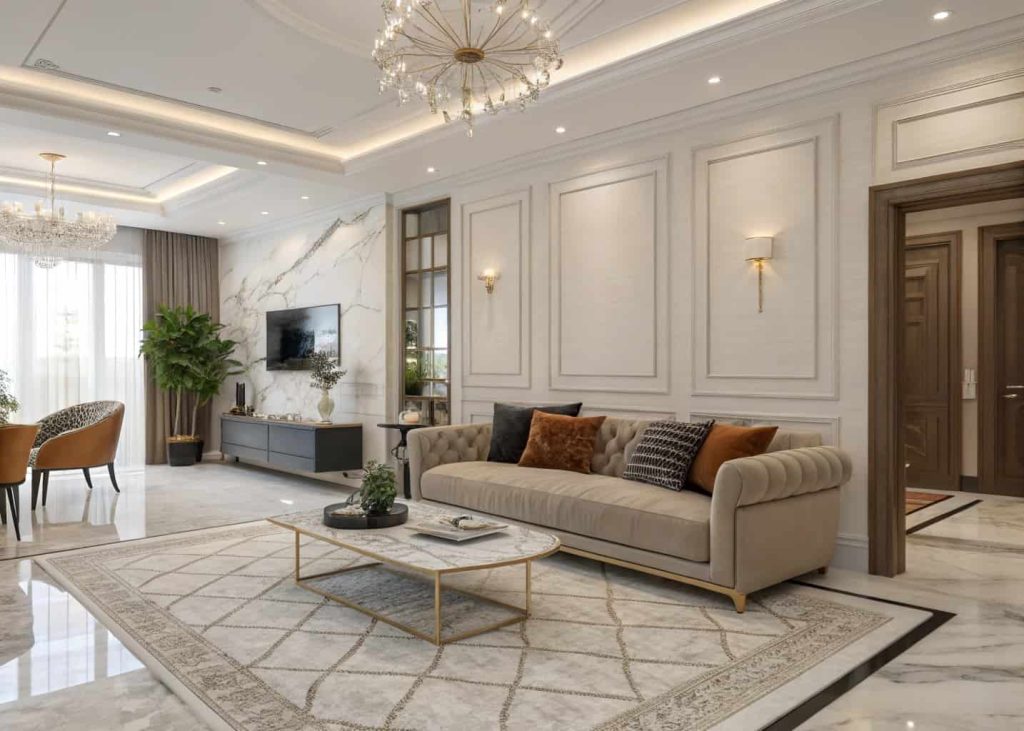 Modern luxury living room featuring statement sofa, marble coffee table, designer chair, spacious layout, contemporary furniture styling, elegant interior setting