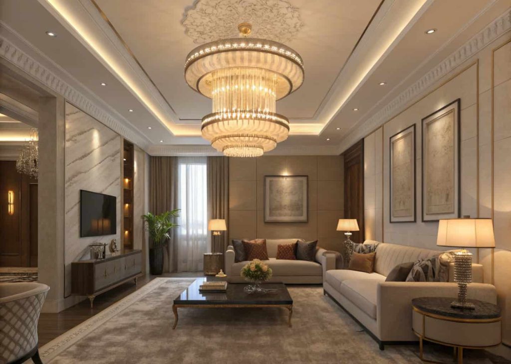 Luxury living room with layered lighting, modern chandelier, warm ambient lights, floor lamps, cozy sophisticated interior atmosphere