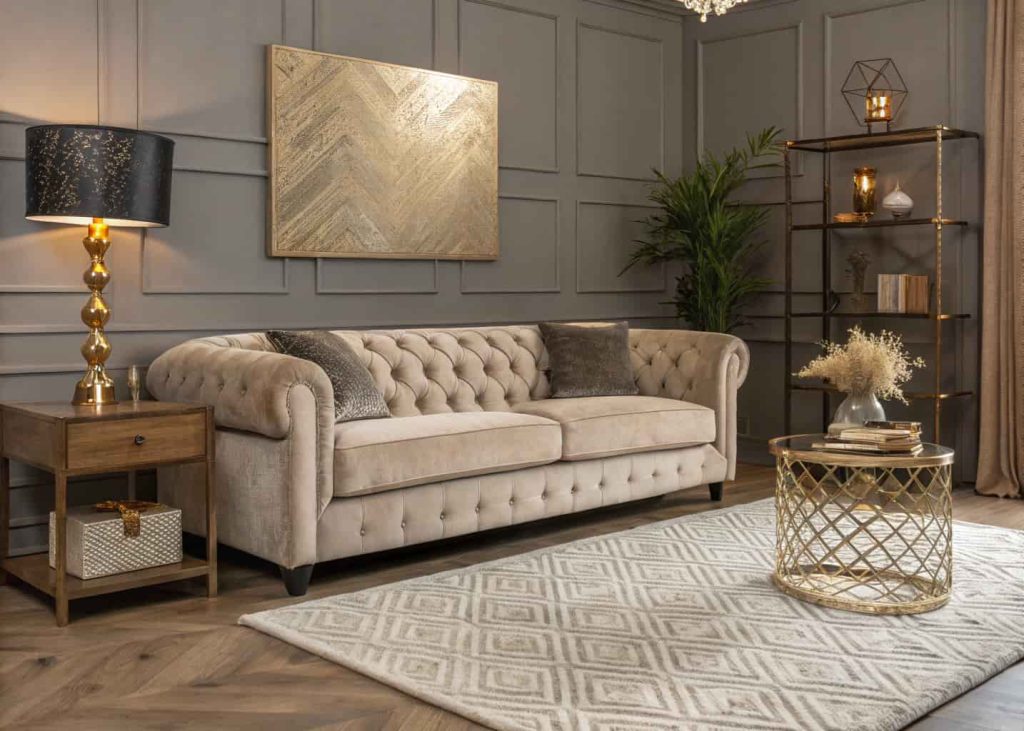 Textured luxury living room with velvet sofa, layered rugs, metallic accents, wooden elements, modern elegant styling, cozy sophisticated décor