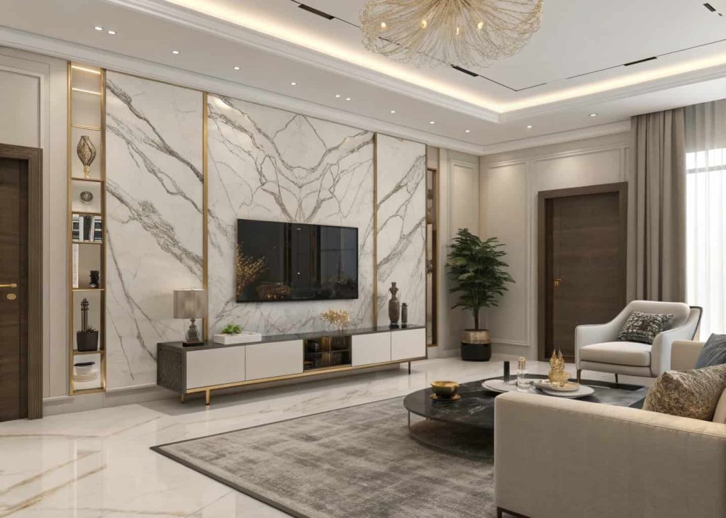 Modern luxury living room with large abstract wall art, minimal décor styling, elegant accessories, clean organized interior design