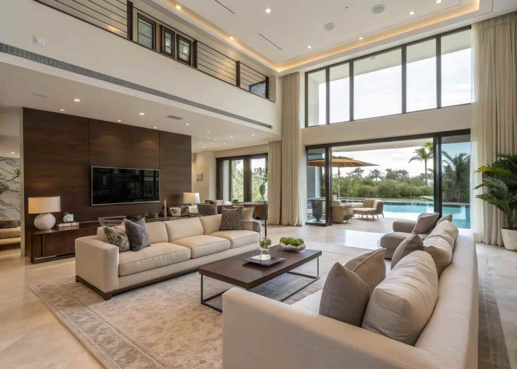 Spacious modern luxury living room layout, balanced furniture arrangement, open interior design, elegant seating area, contemporary home styling