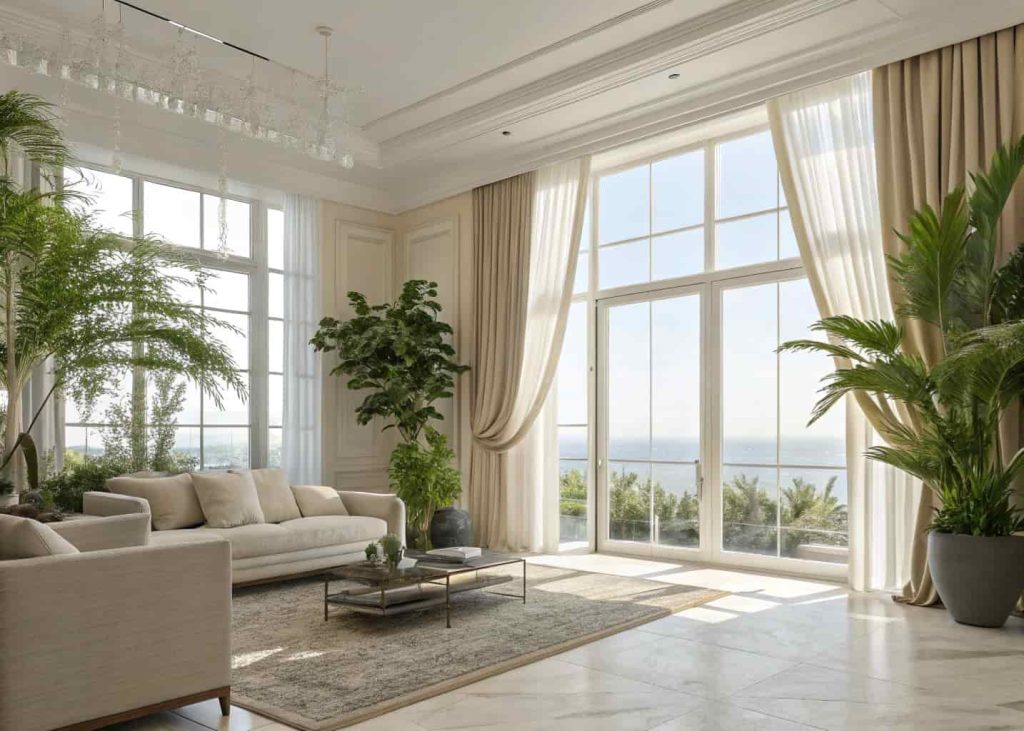 Luxury modern living room with indoor plants, natural sunlight, soft curtains, elegant neutral décor, fresh and airy interior atmosphere
