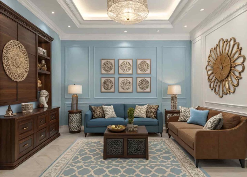 Blue and brown living room with wall art, decorative accessories, modern styling, clean elegant arrangement