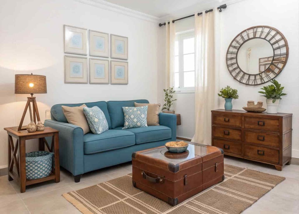 Small blue and brown living room, compact furniture, mirror decor, bright cozy styling