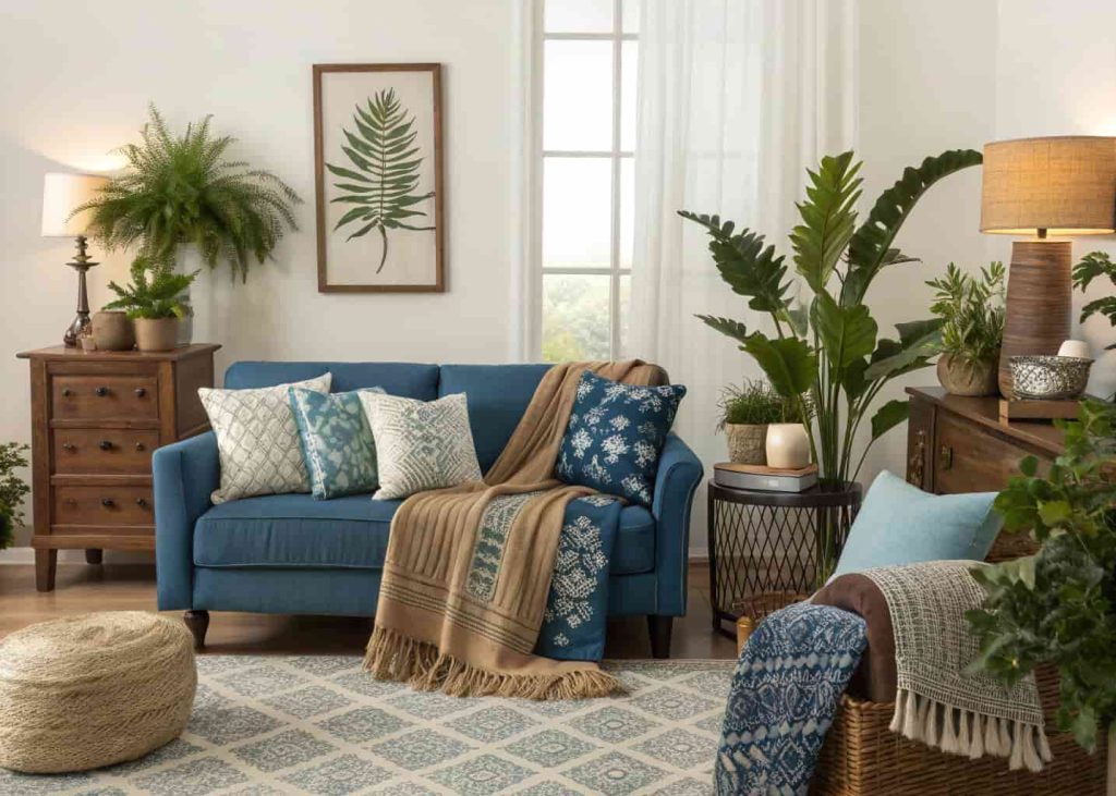 “Seasonally styled living room with blue and brown decor, cozy throws, plants, warm welcoming atmosphere