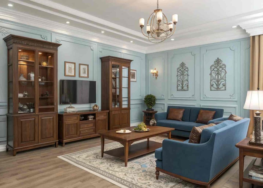 Blue and brown living room blending modern furniture with classic wooden decor, elegant layered interior