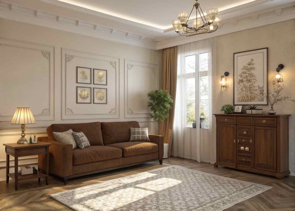 A cozy modern living room with brown sofa, warm lighting, neutral walls, wooden furniture, elegant decor, soft textures, natural sunlight, realistic interior design