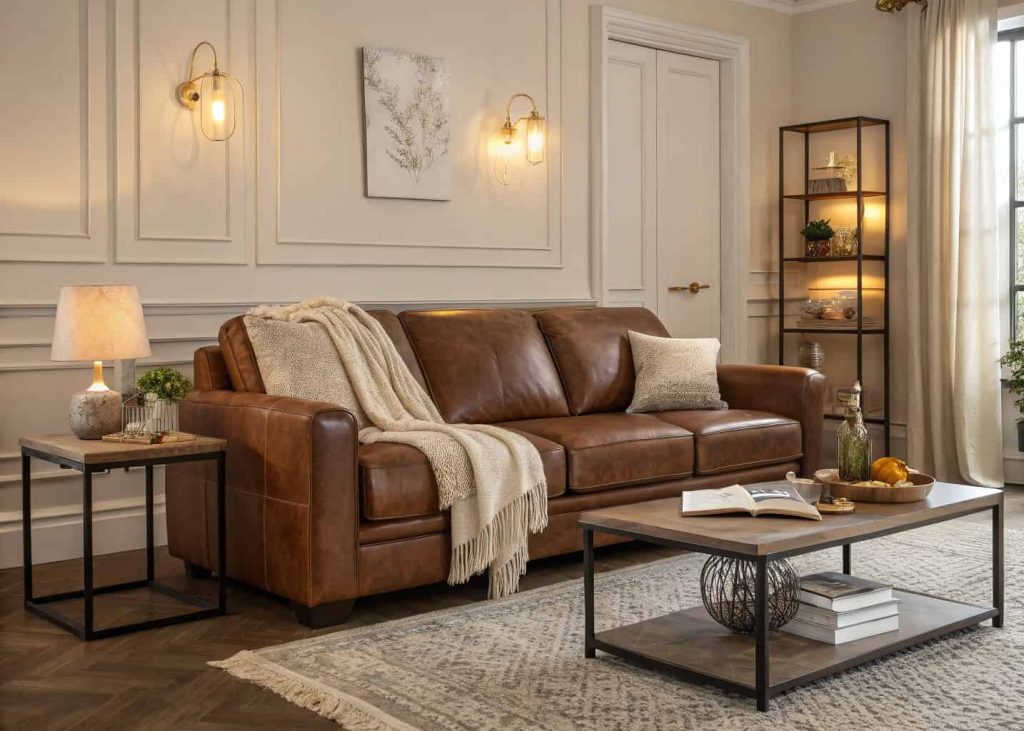 Elegant living room with brown leather sofa, cozy cushions, neutral throw blanket, modern coffee table, warm ambient lighting
